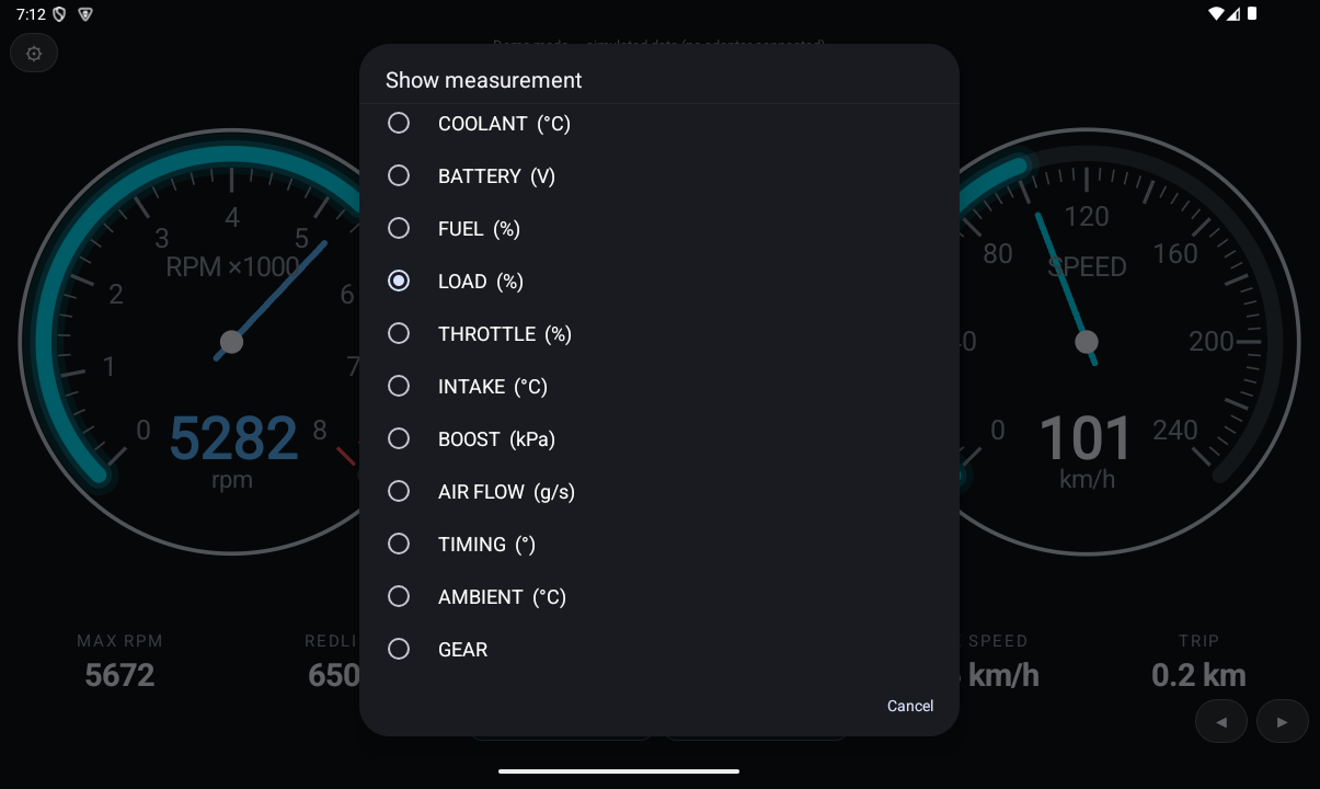 RGB OBD Show measurement picker listing eleven readings: coolant, battery, fuel, load, throttle, intake, boost, air flow, timing, ambient and gear
