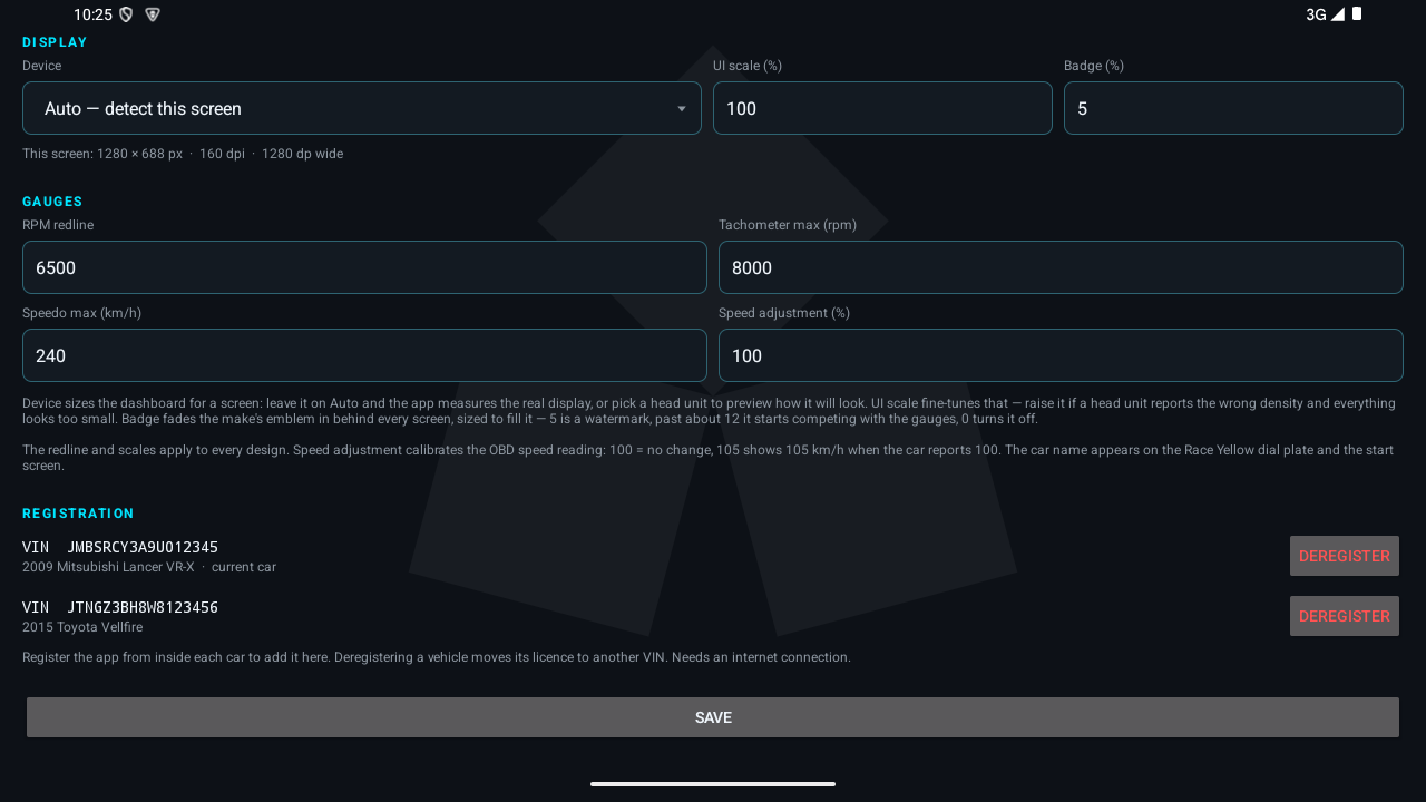 RGB OBD settings listing two registered vehicles, each with its VIN, car name and Deregister button