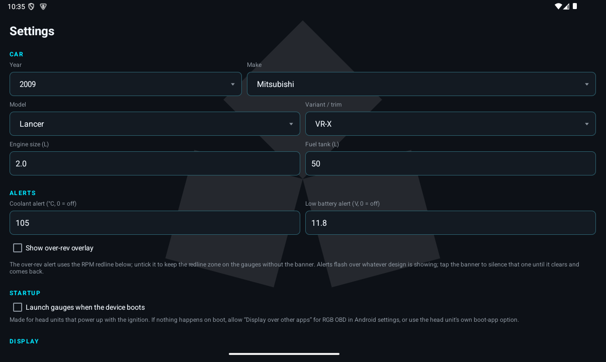 RGB OBD settings: car profile with year, make, model and trim, alert thresholds and startup options